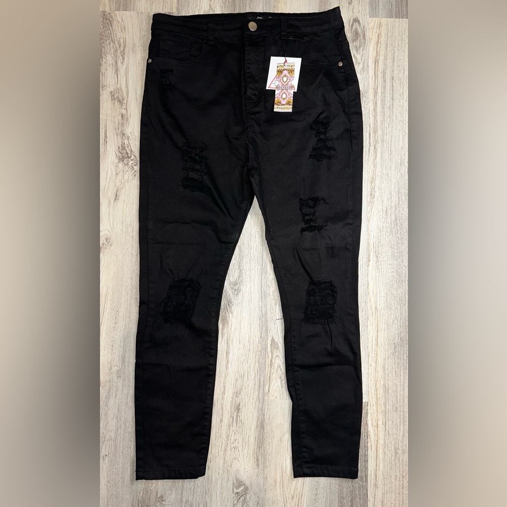 💝Boohoo NWT Plus Rip Knee Distressed High Waist Skinny Black Jeans Size 16